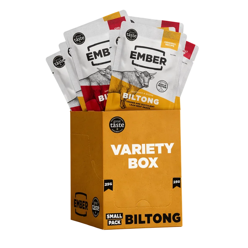 Ember Biltong beef jerky variety pack, 10 x 25 g
